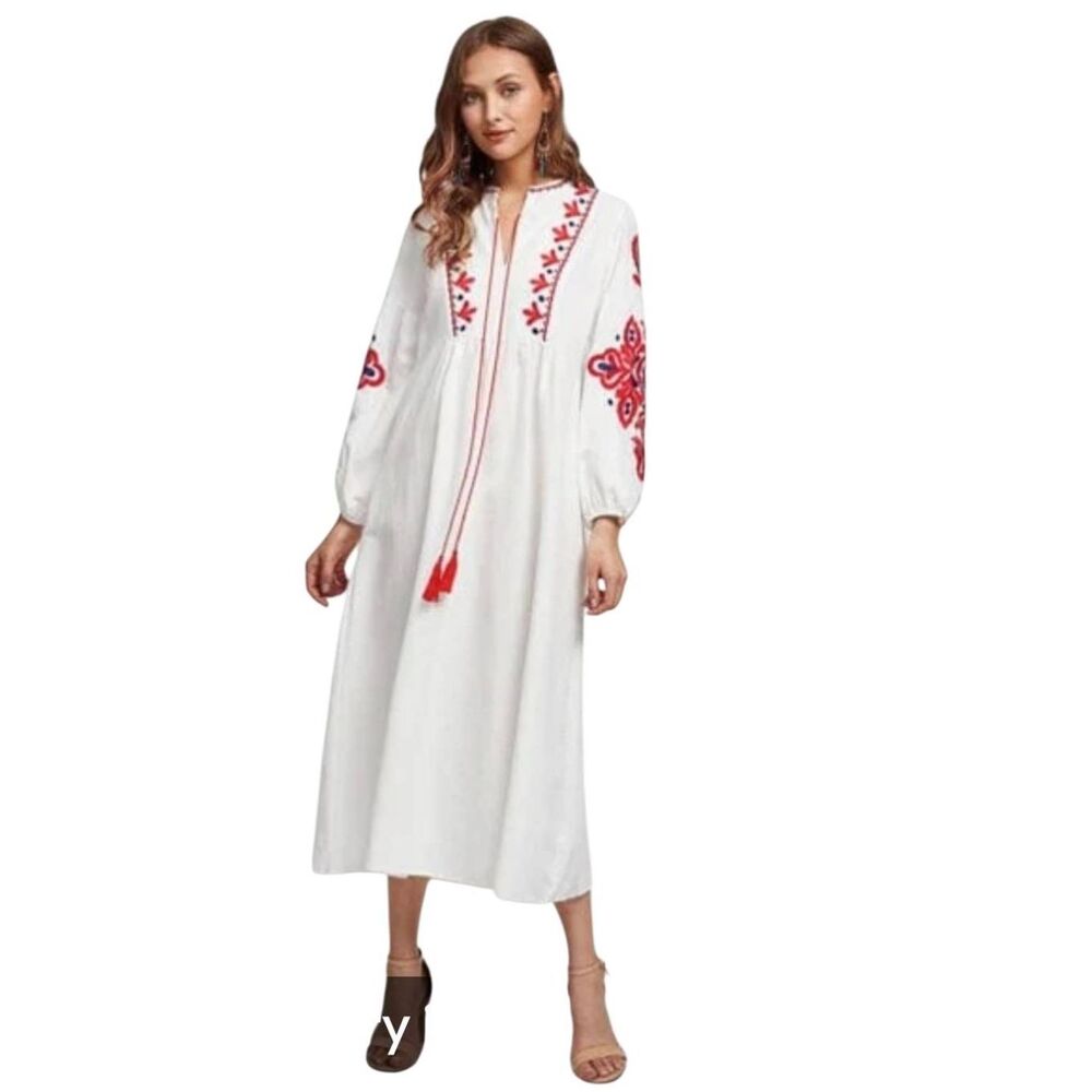 Velzera Ukrainian Vyshyvanka Style White Rayon & Red Embroidered Dress Bohemian